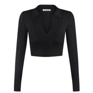NWT Anna October‎ Black Ribbed Knitted Polo Crop Top Small Quiet Luxury